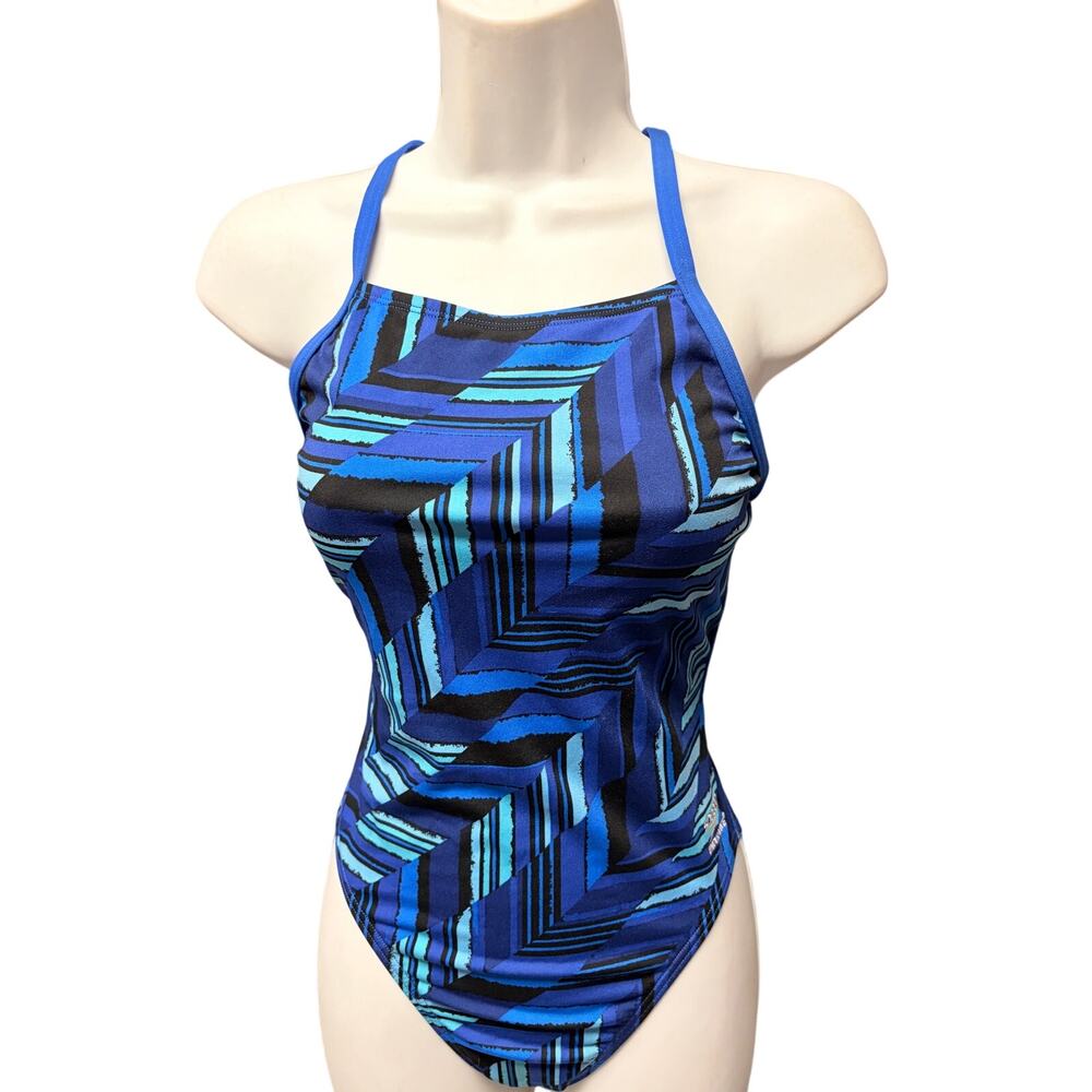Speedo Endurance+ Blue Geometric Open Back One Piece Swimsuit Size 6 - Picture 2 of 6